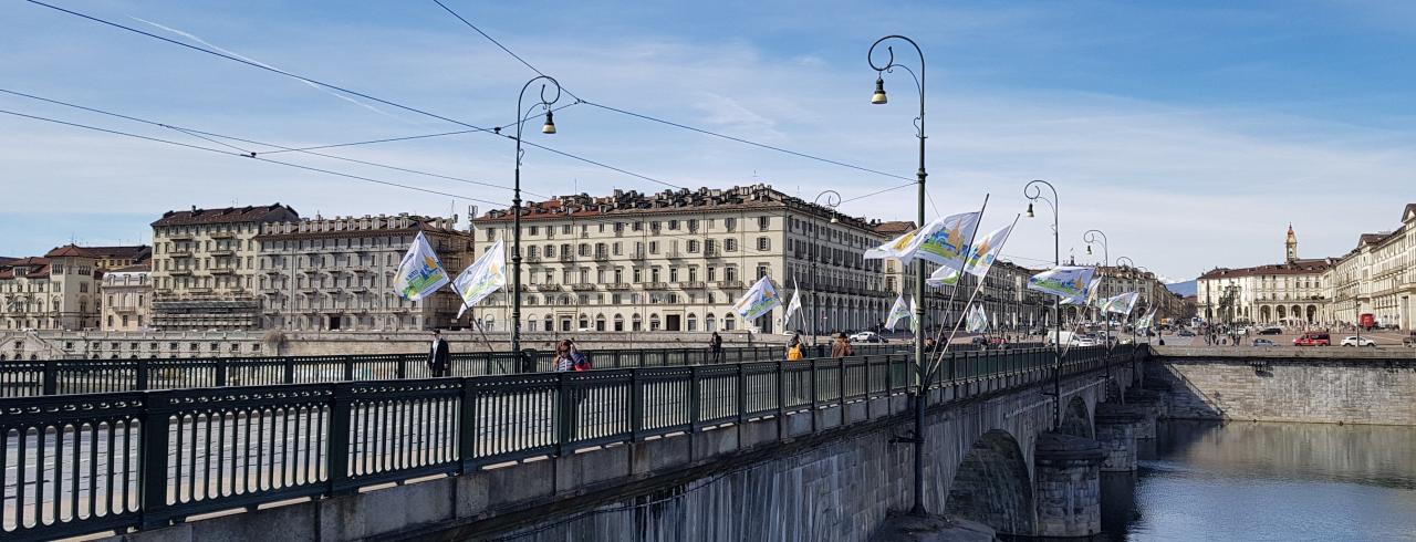 Bridge Turin with flags Cities Forum.